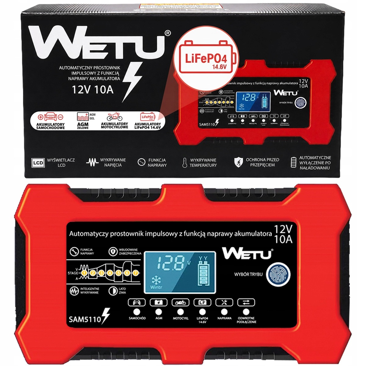 Automatyczny Prostownik 10A do akumulatorów LiFePO4 Agm Żelowych 12V Wetu