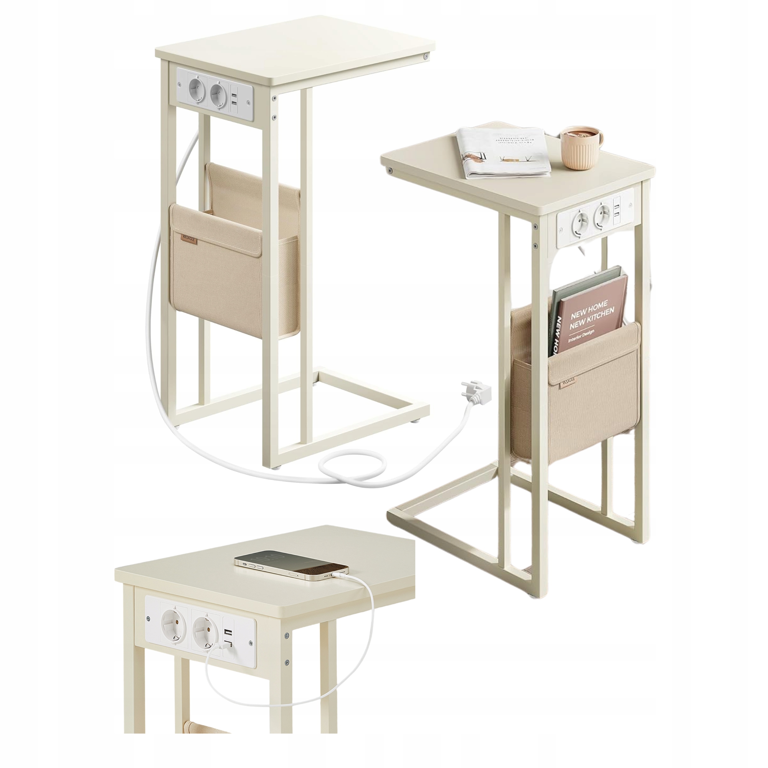 Stolík s Usb nabíjačkou a zásuvkou 230 V, úzka nočná skrinka pod notebook, posteľ