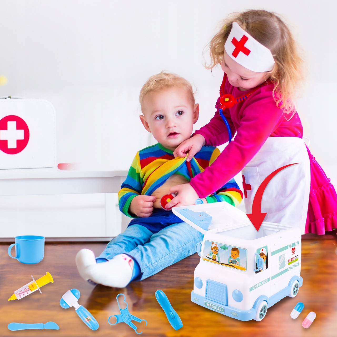 ZESTAW LEKARSKI AMBULANS AUTO KARETKA ZABAWKA DLA DZIECI Z LALKĄ I NOSZAMI Model 111602