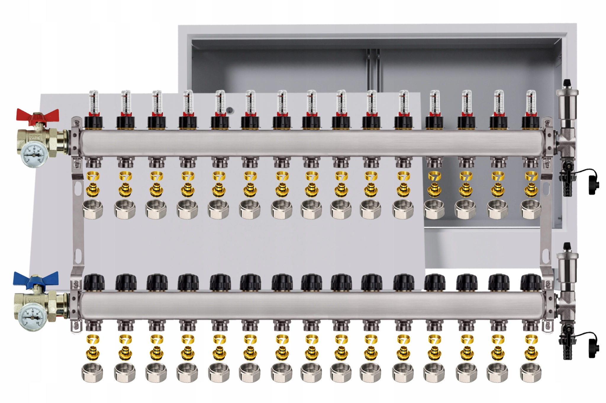 Rozdělovač nerezový Podlahovky 15 Obvody Podomítková skříňka Pex