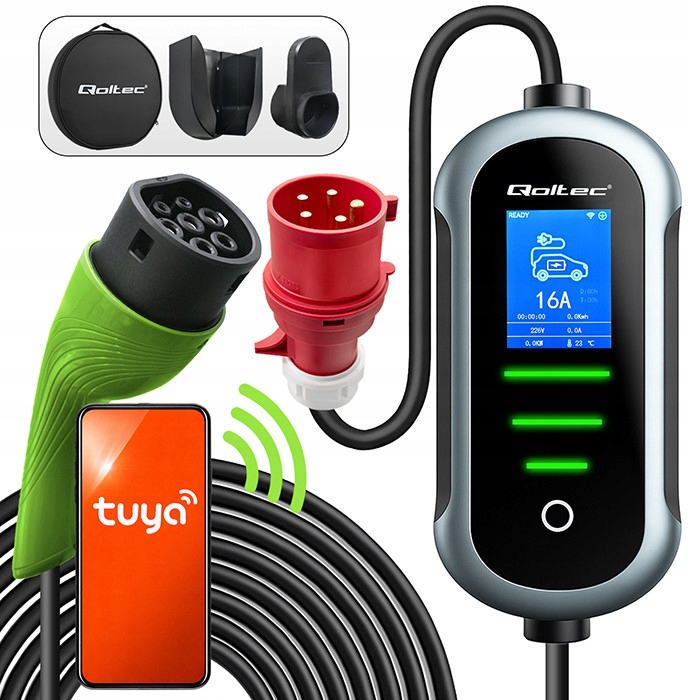 Nabíjačka Ev Typ 2 7 kW WiFi Tuya LCD Cee 32A 5 m mobilná wallbox 2v1 Qoltec