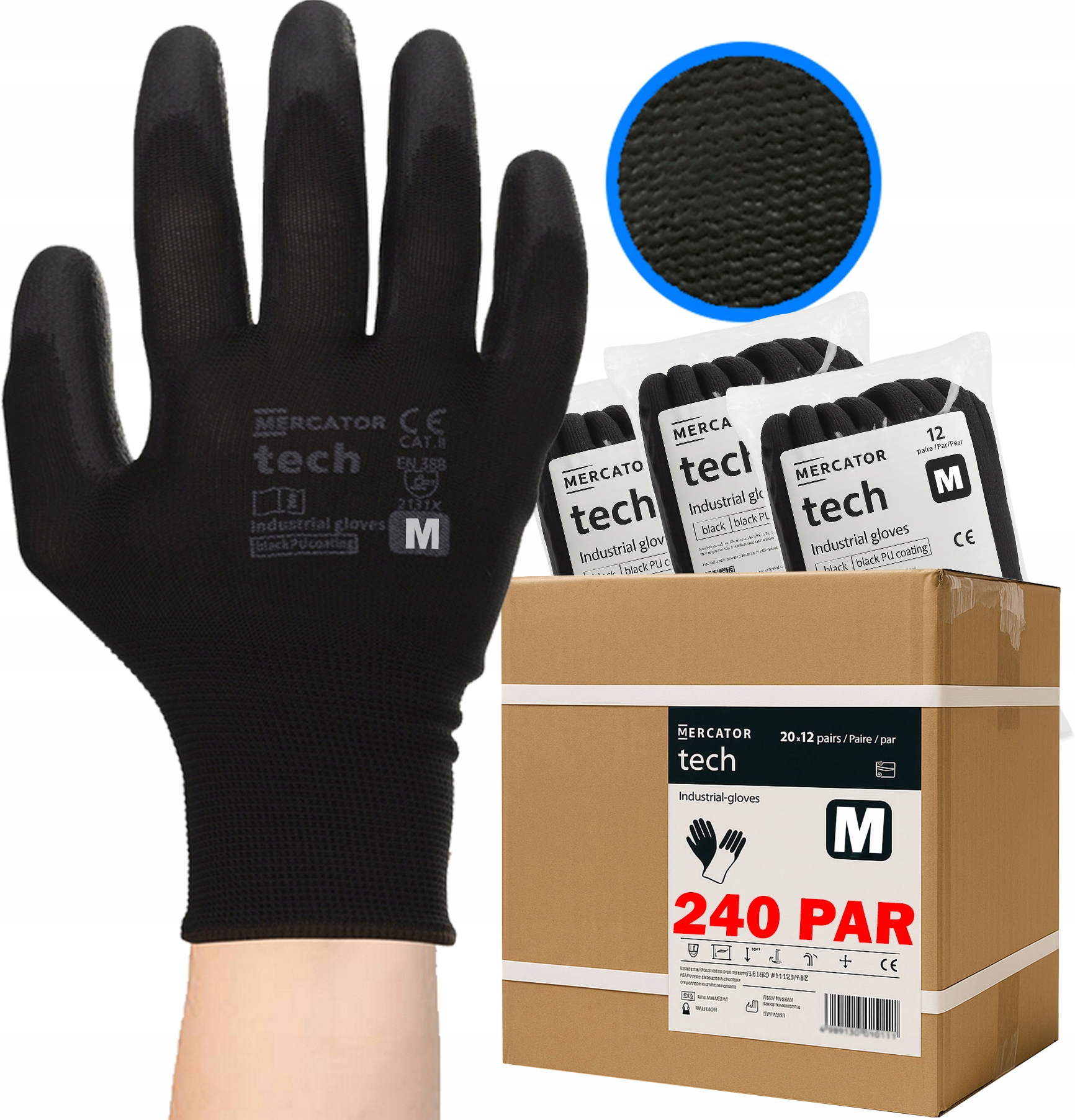 Pracovné rukavice Mercator Tech Black+Black Pu M 240 párov