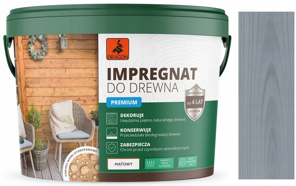 Dragon Premium Impregnat Akrylowy Szybkoschnący Do Drewna Szary 10L