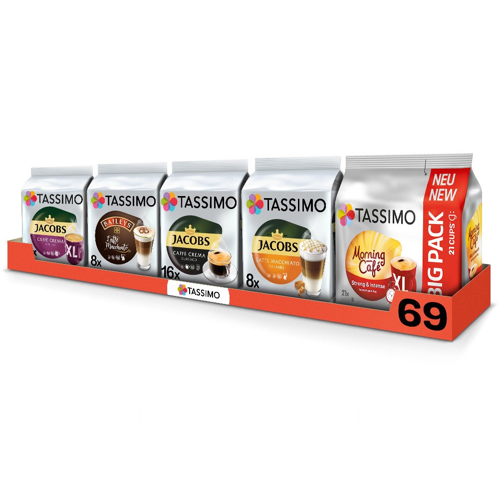 Kapsułki Tassimo mix kaw czarnych i białych,5 opakowań, 69szt.