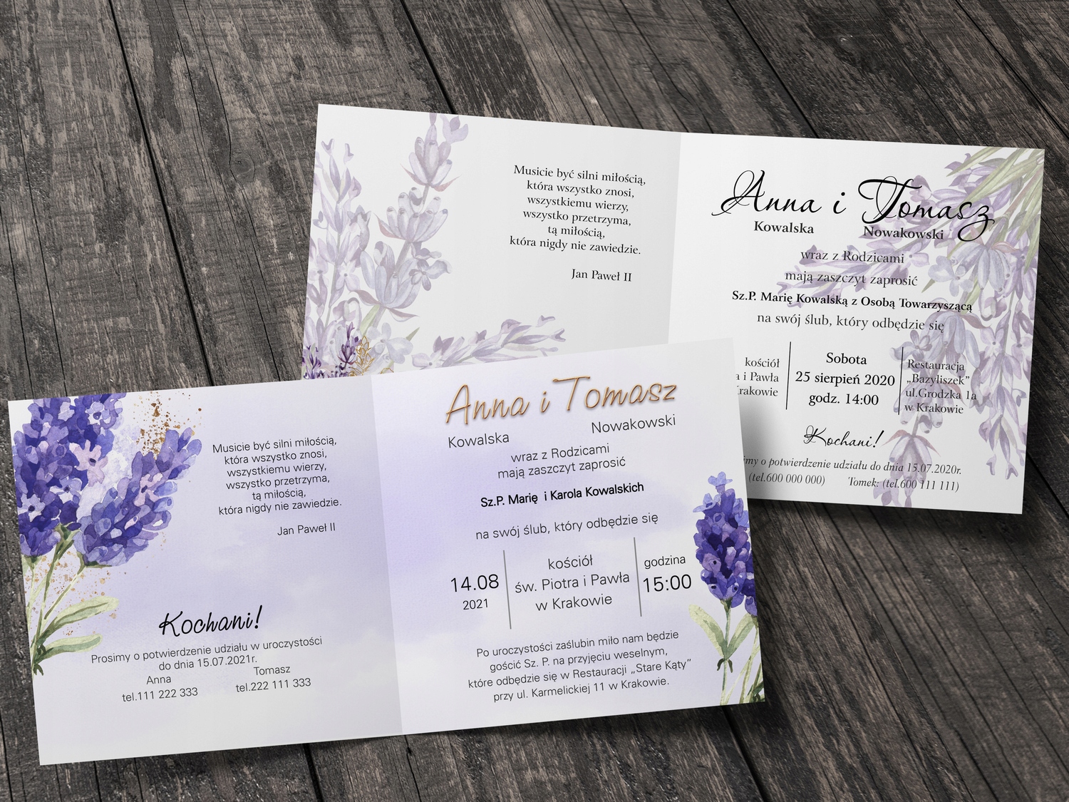 Zaproszenia ślubne LAWENDA koperta PAPIER PERŁOWY Kształt kwadratowy