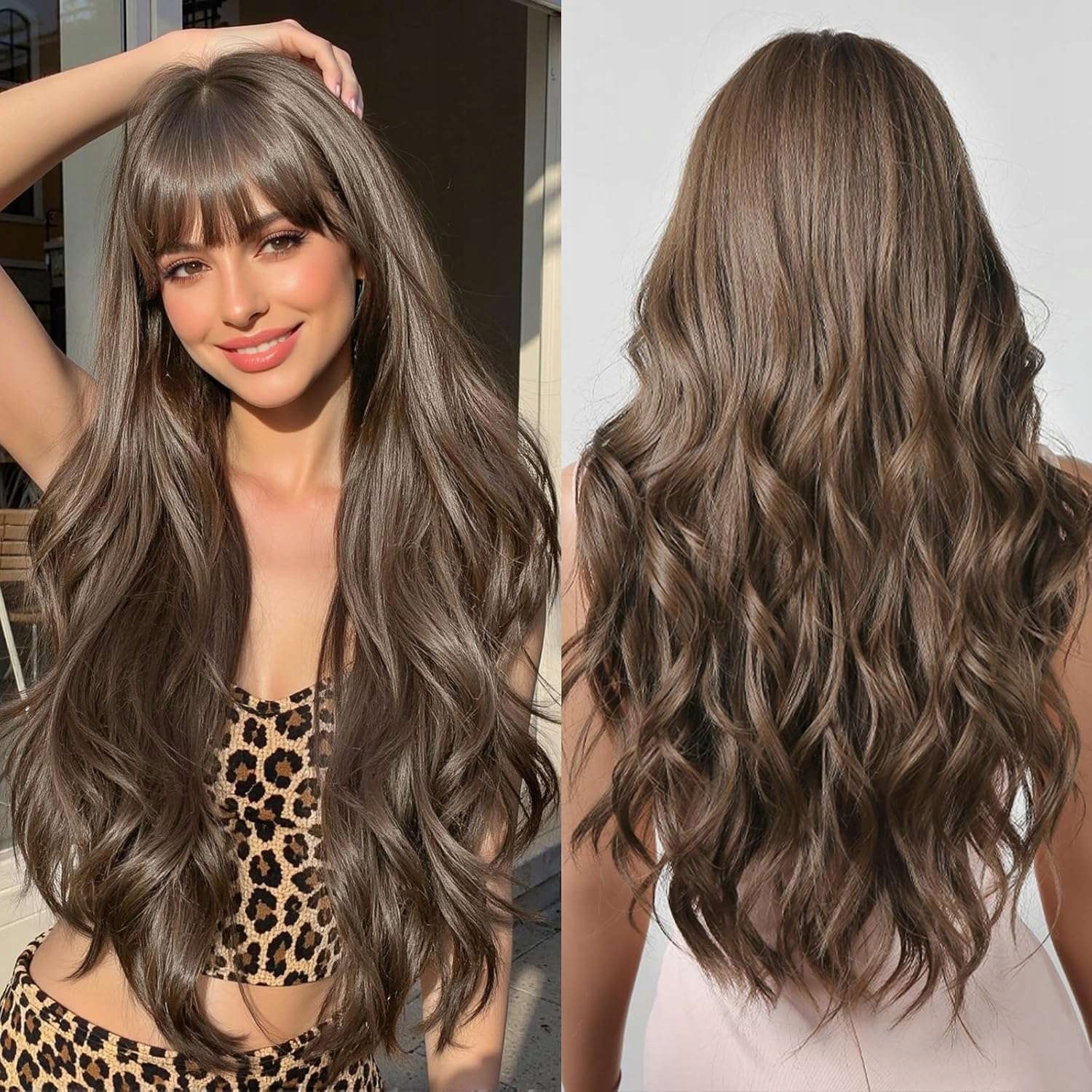 Dlouhá hnědá vlnitá paruka pro ženy, syntetické vlasy