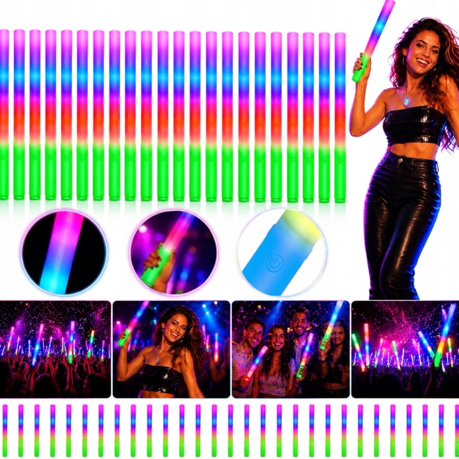 Pěnové Světlíky Led party stick 40 cm Rgb Svítící Tyčinky 24 ks