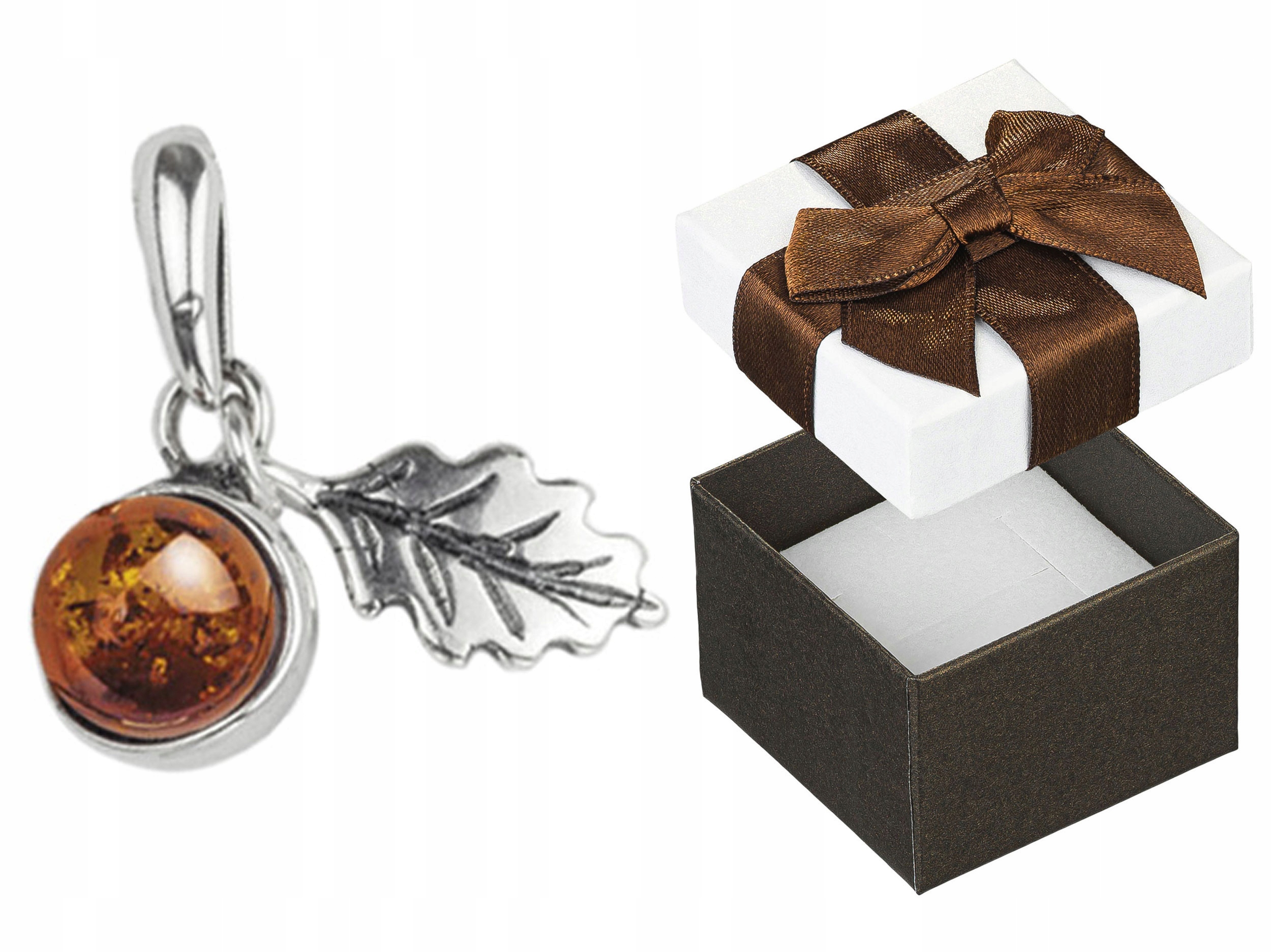 Stříbrný přívěsek Kulička s jantarem Oxidovaný Přívěsek Dubový list Dub 925