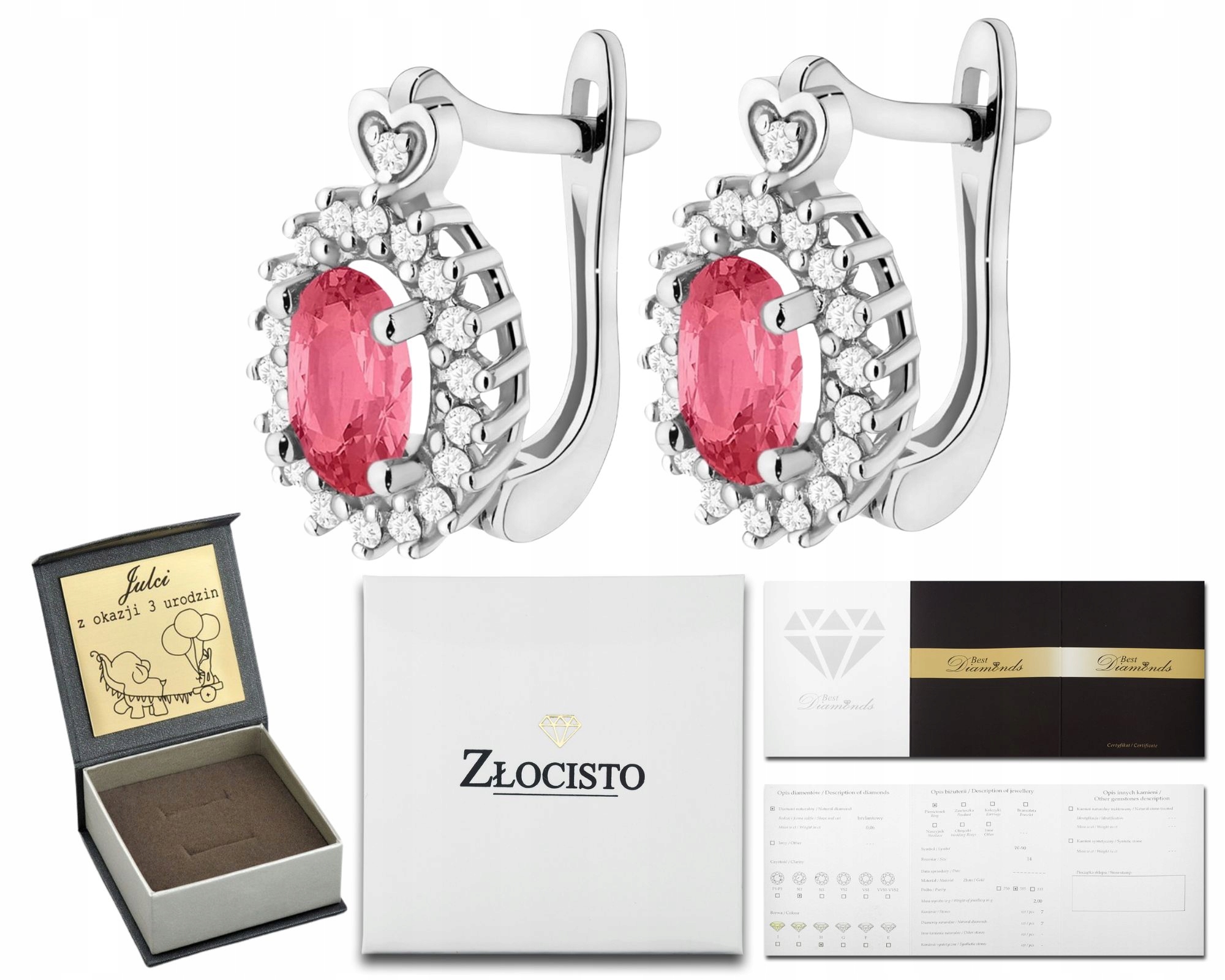 Bílé Zlato Náušnice Růžový Topaz Diamanty Anglické Zapínání Zlato 585