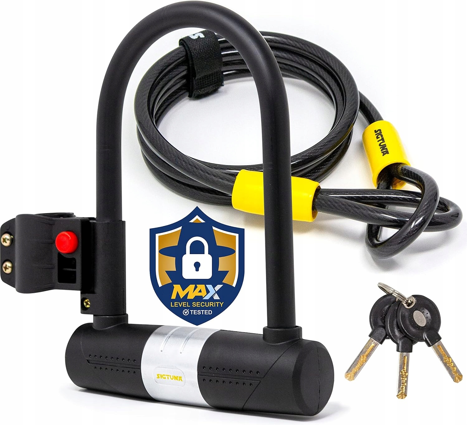 Sigtuna U-lock 16mm z linką 1,2m – żółta blokada rowerowa z 3 kluczami