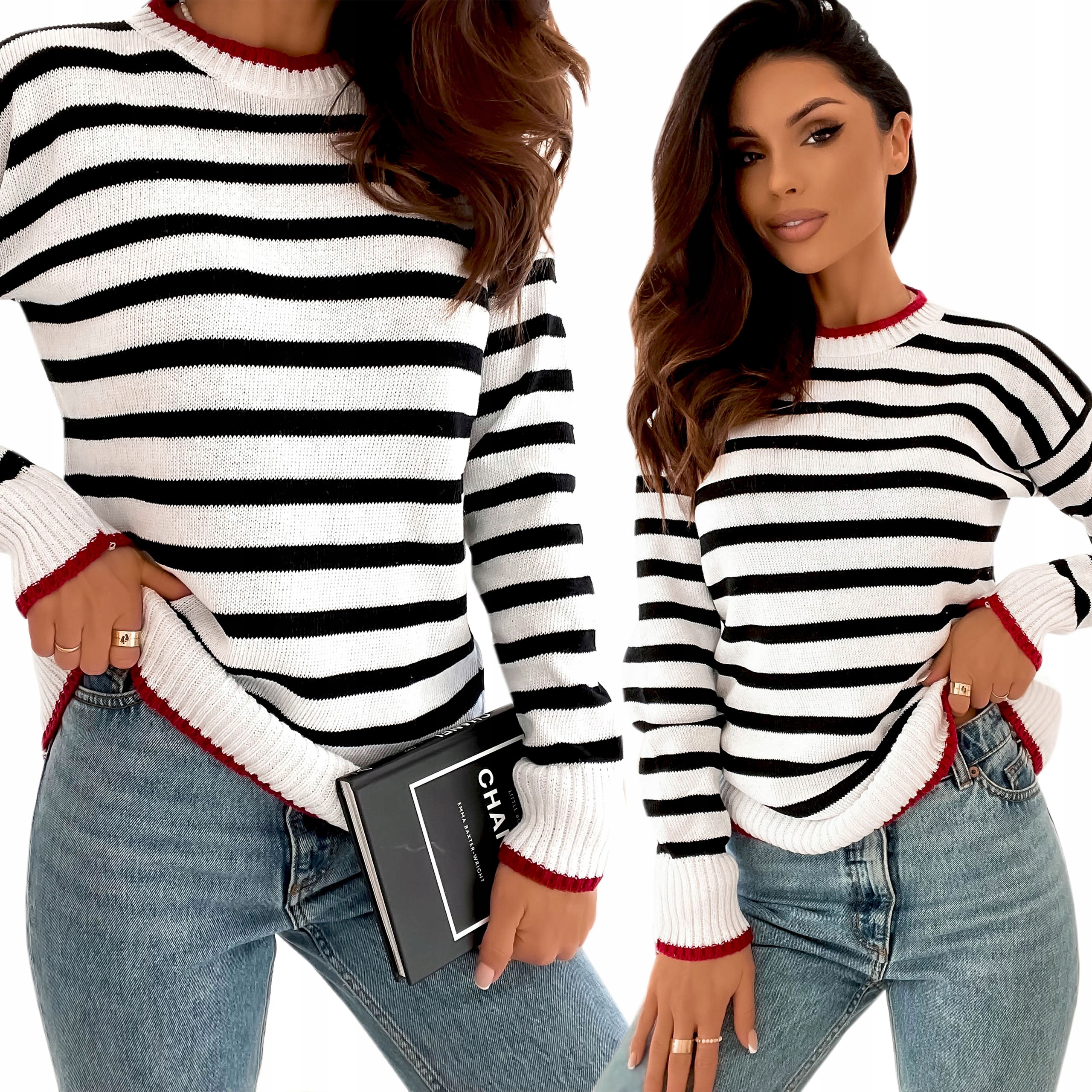 

Sweter Wiosenny Modny Marine Stylowy Paski