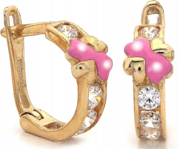 Zlaté náušnice 585 pro dívku s zirkony a růžovým smaltem, módní, velikost 14k