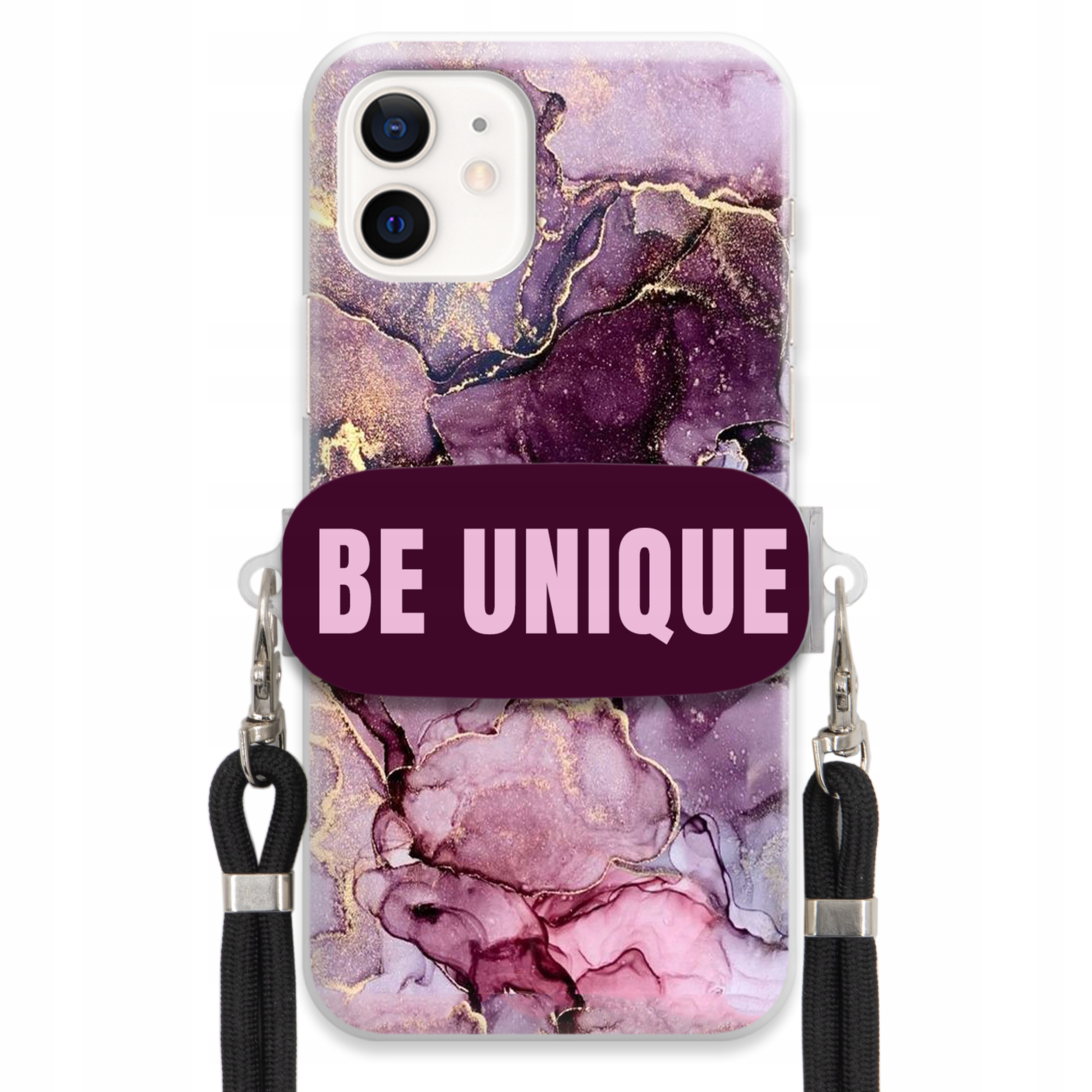 Prémiové puzdro pre iPHONE 12 Case držiak na šnúrku Čierny fialový mramor