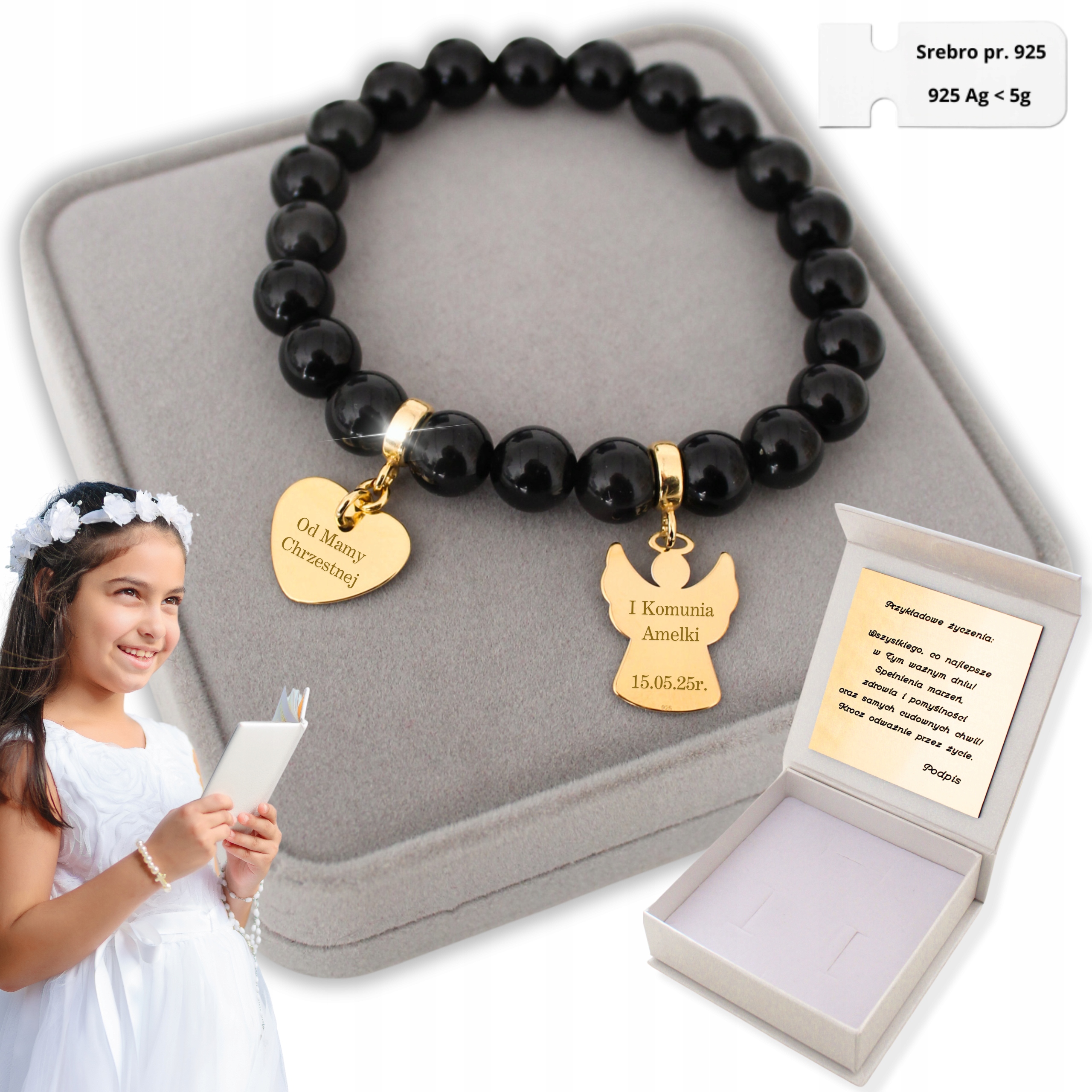 Zlatý náramek s andělem pro dívku Srdce pro přijímání Gravírování 925