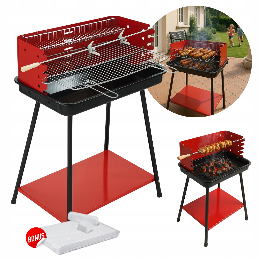 Grill węglowy ogrodowy BQ021 z rożnem, solidny z półką 60x40x83cm