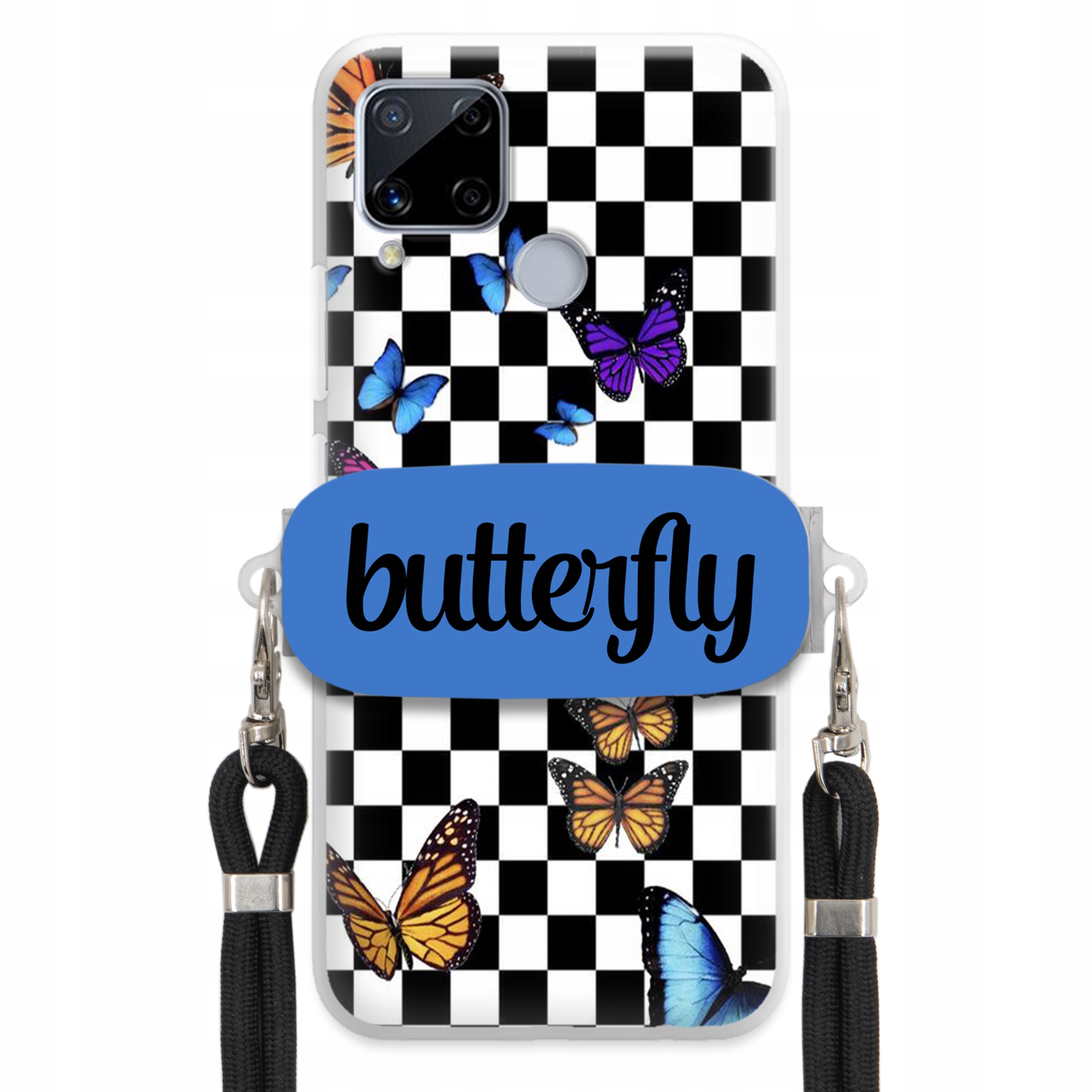 Puzdro Pre Realme C15 Case Obdĺžnikový Držiak Čierne Vodítko Butterfly Motýle