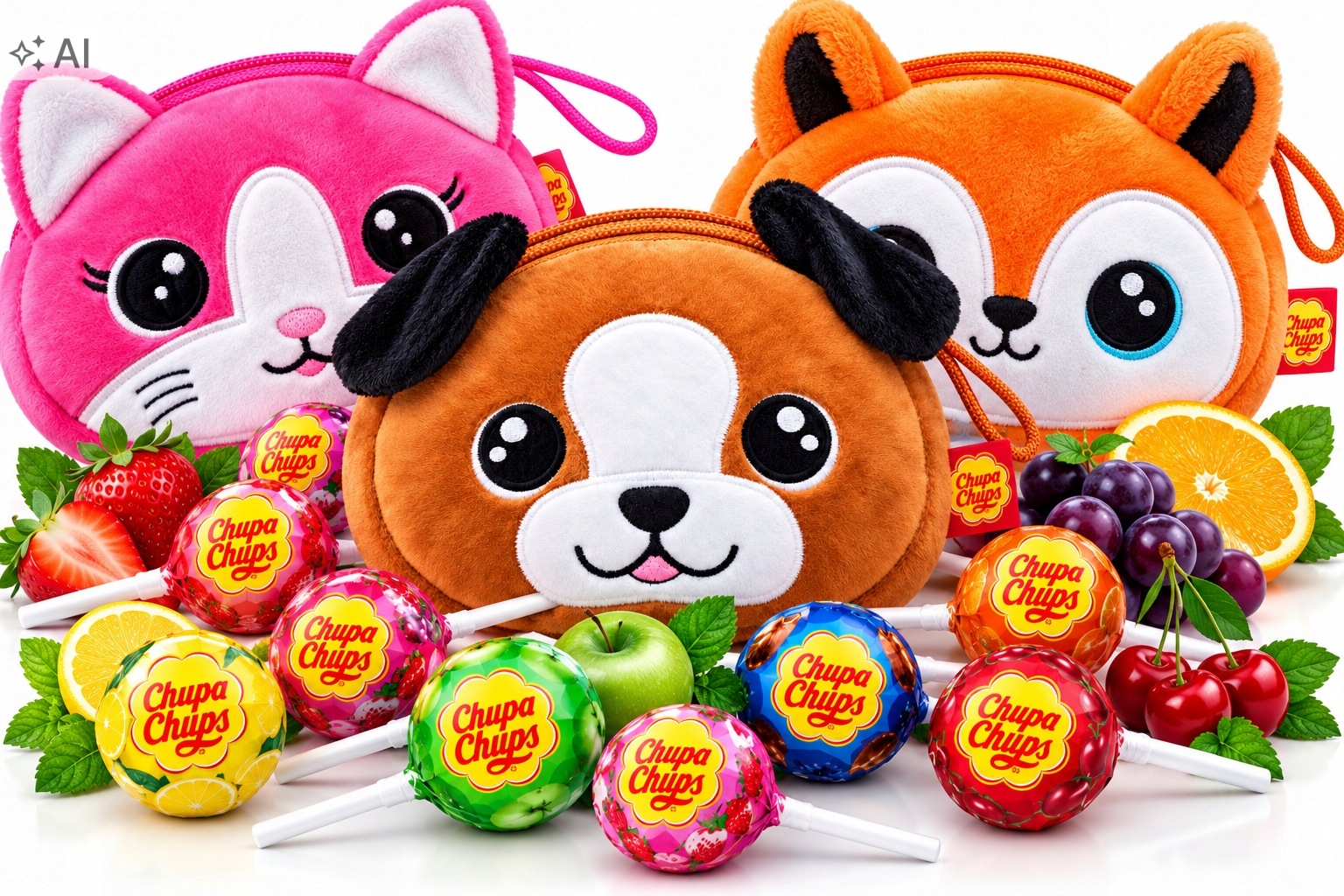 Chupa Chups 24 Mini Lizaki 3 Pluszowe Saszetki Zwierzątka Zestaw