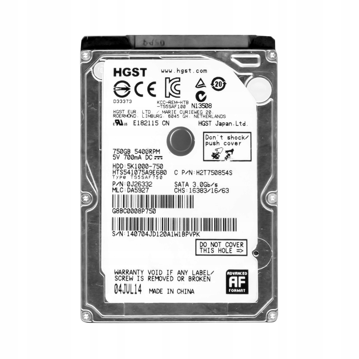 Hgst TravelStar 5K1000 750GB 5.4K 8MB Sata III 2.5'' HTS541075A9E680