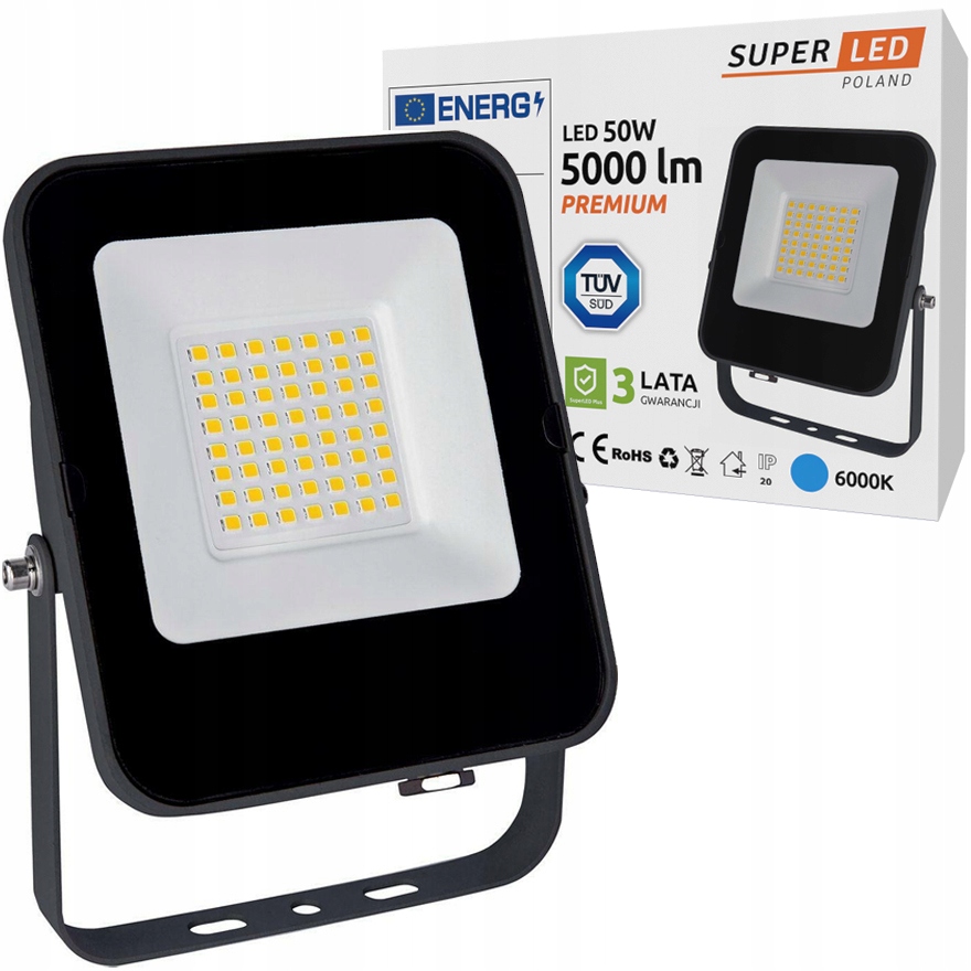 Naświetlacz LED Halogen Lampa Slim LED 50W 5000lm PREMIUM TUV SuperLED Klasa efektywności energetycznej F