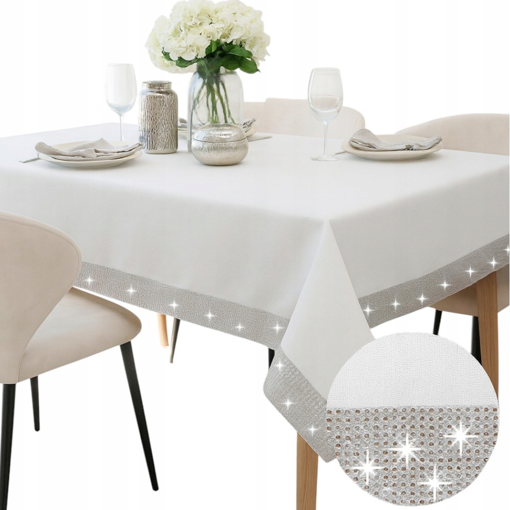Bílý ubrus na stůl Glamour Stříbrné zirkony 140X200, vánoční lesklý