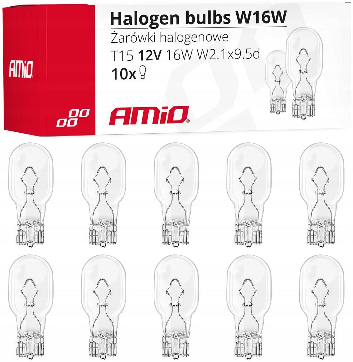 Żarówki W16W AMiO T15 16W 12V Wsuwane Basic Clear Z Homologacją x10 Sztuk