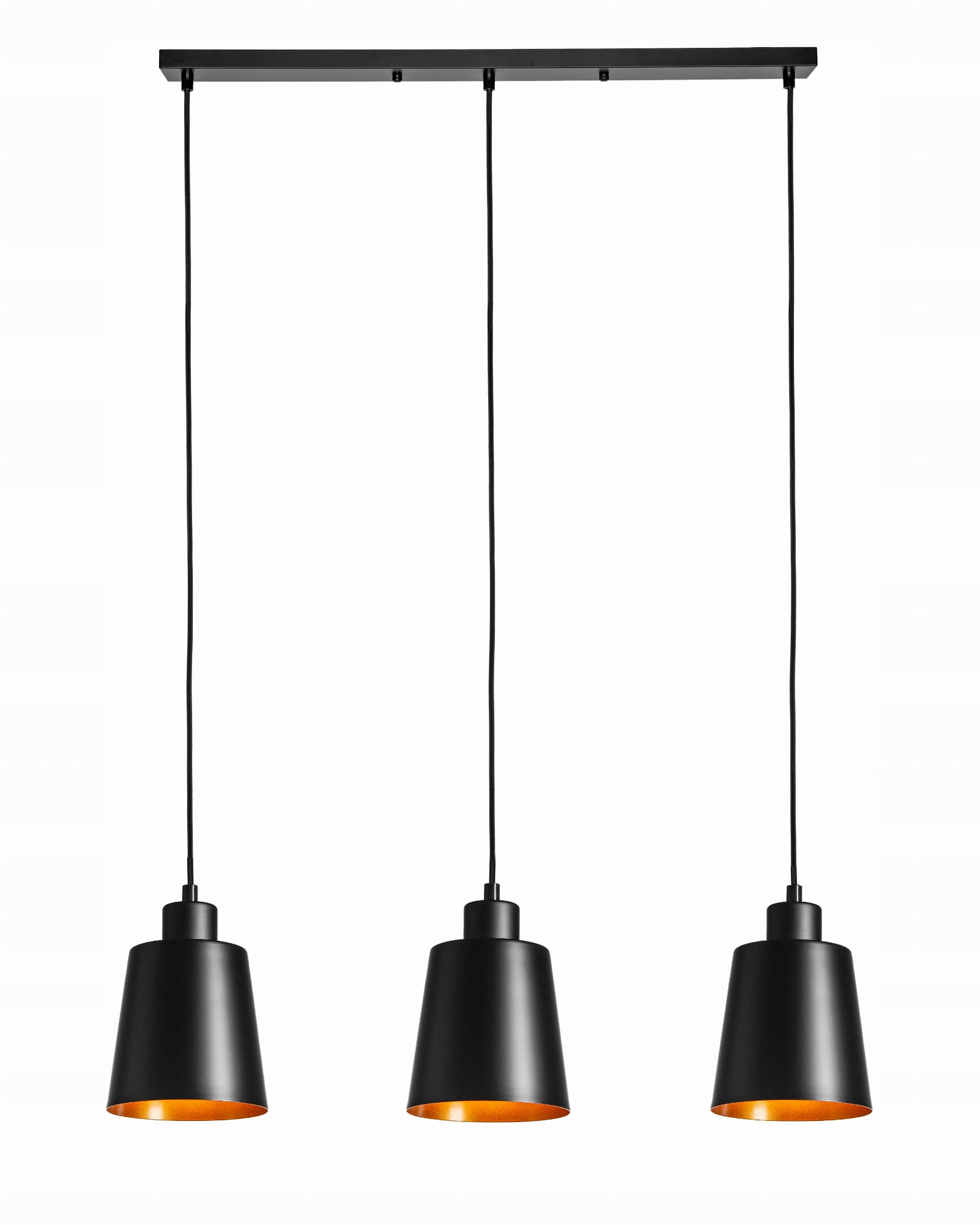 Lampa wisząca potrójna listwa czarno złota stożek