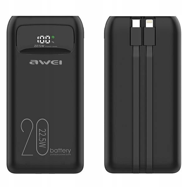 Awei PowerBank P169K 20000 mAh 22.5Čierny/čierny displej káble PD/Ligh