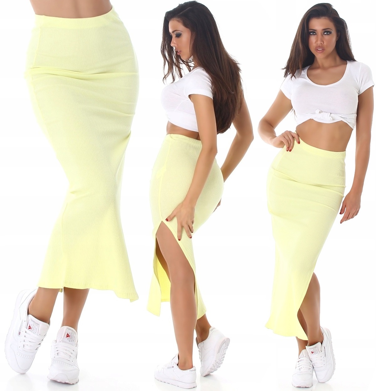 

N372 Żółta Długa Spódnica Z Rozcięciem Prążkowana