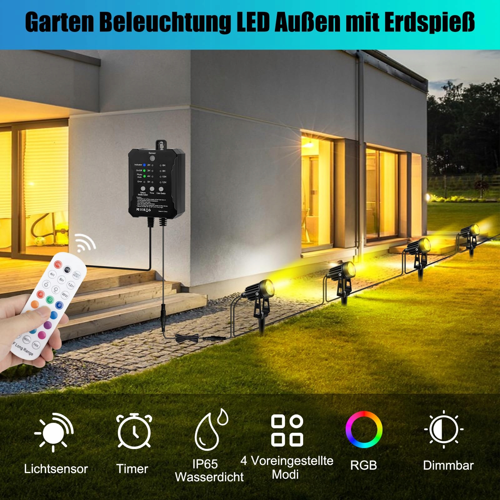 COOLWEST RGB Reflektory Ogrodowe Z Pilotem i Czujnikiem Światła IP65 24V — miniatura 6