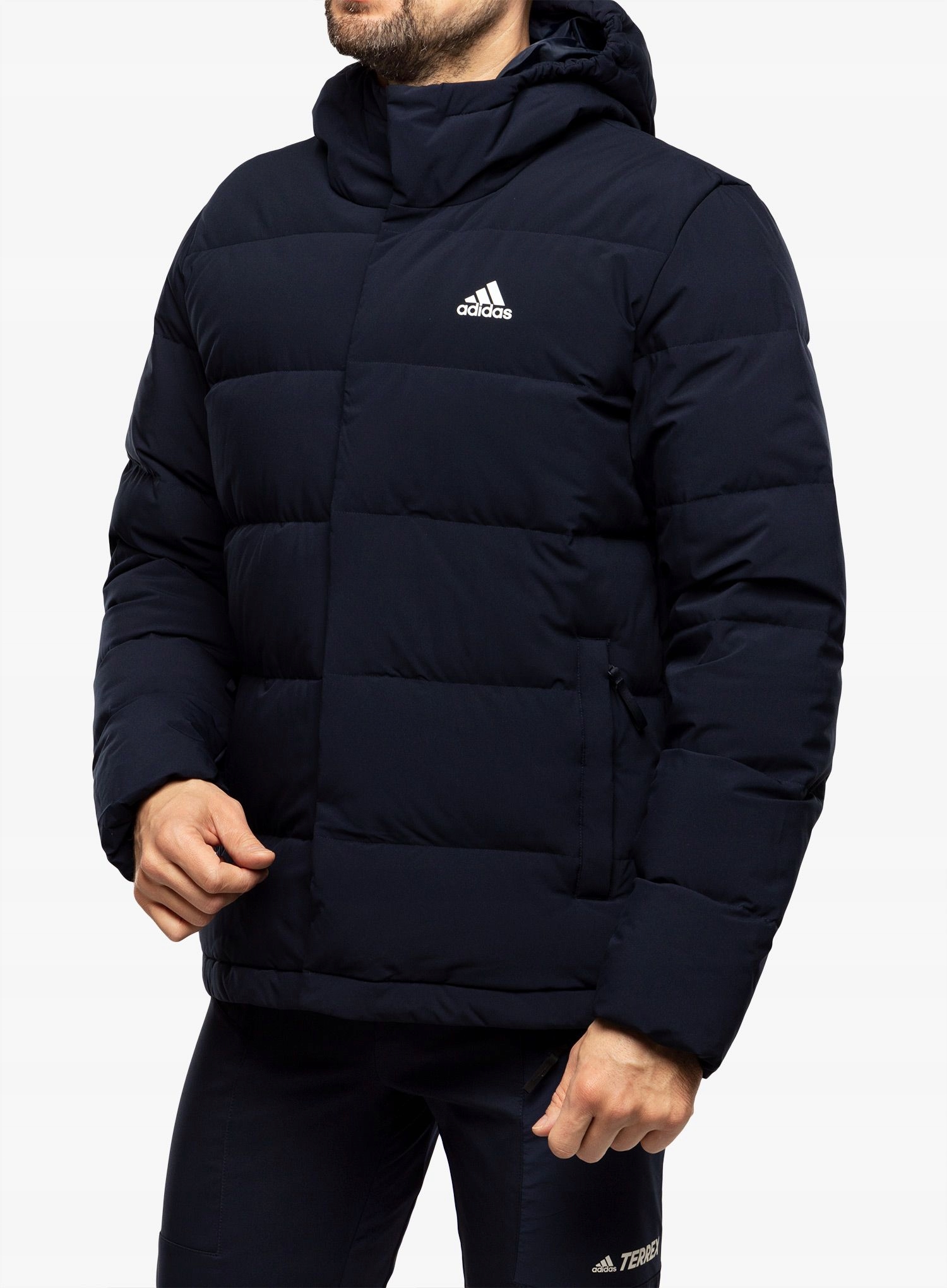 Péřová bunda adidas Helionic Hooded Jacket legend ink S