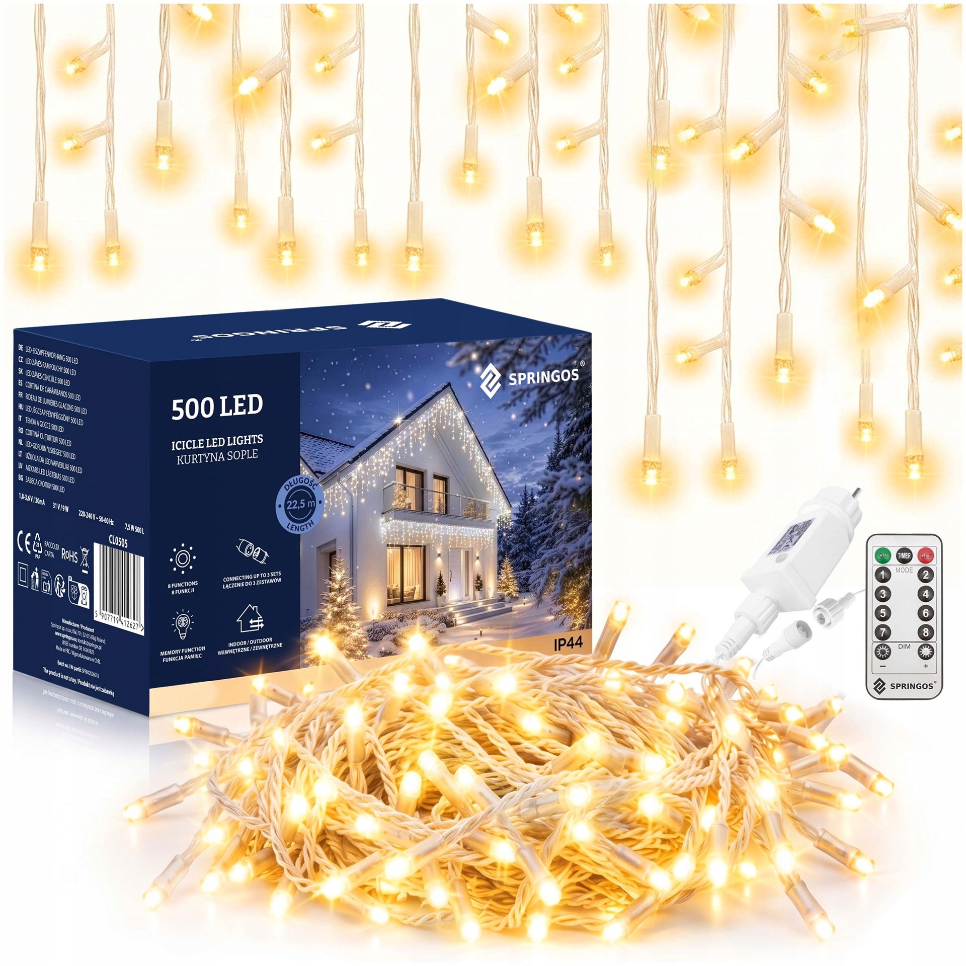 Venkovní Osvětlení Rampouchy 1500 Led IP44 Teplá Bílá Dálkové Ovládání Funkce 67m Rampouchy