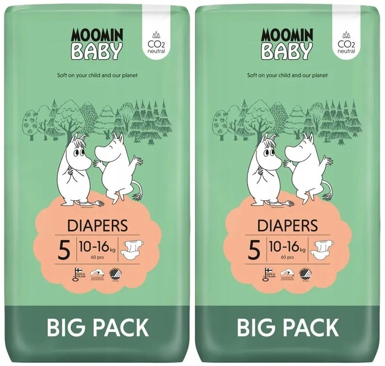 Moomin Baby 5 Maxi Eko Pieluszki Chłonne Pieluchy Muumi 10-16KG 60 Sztuk x2