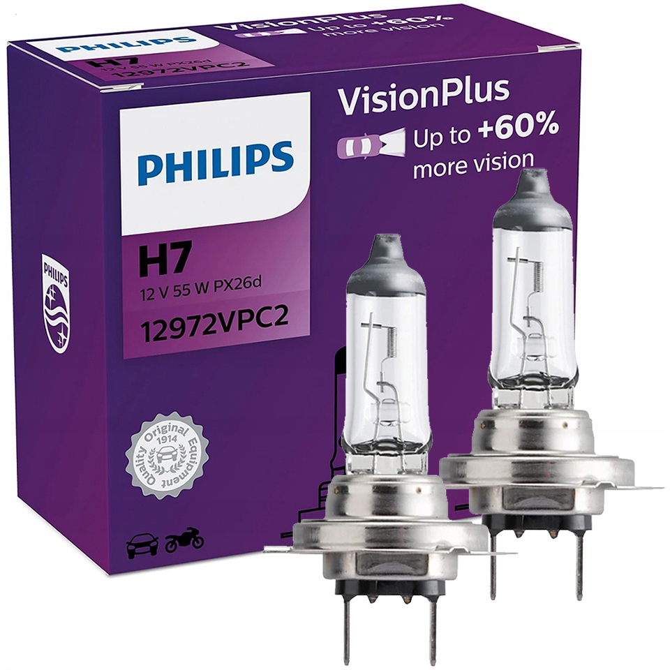Philips H7 Żarówki Vision Plus +60% Samochodowe Homologacja 55W 12972 Kpl.