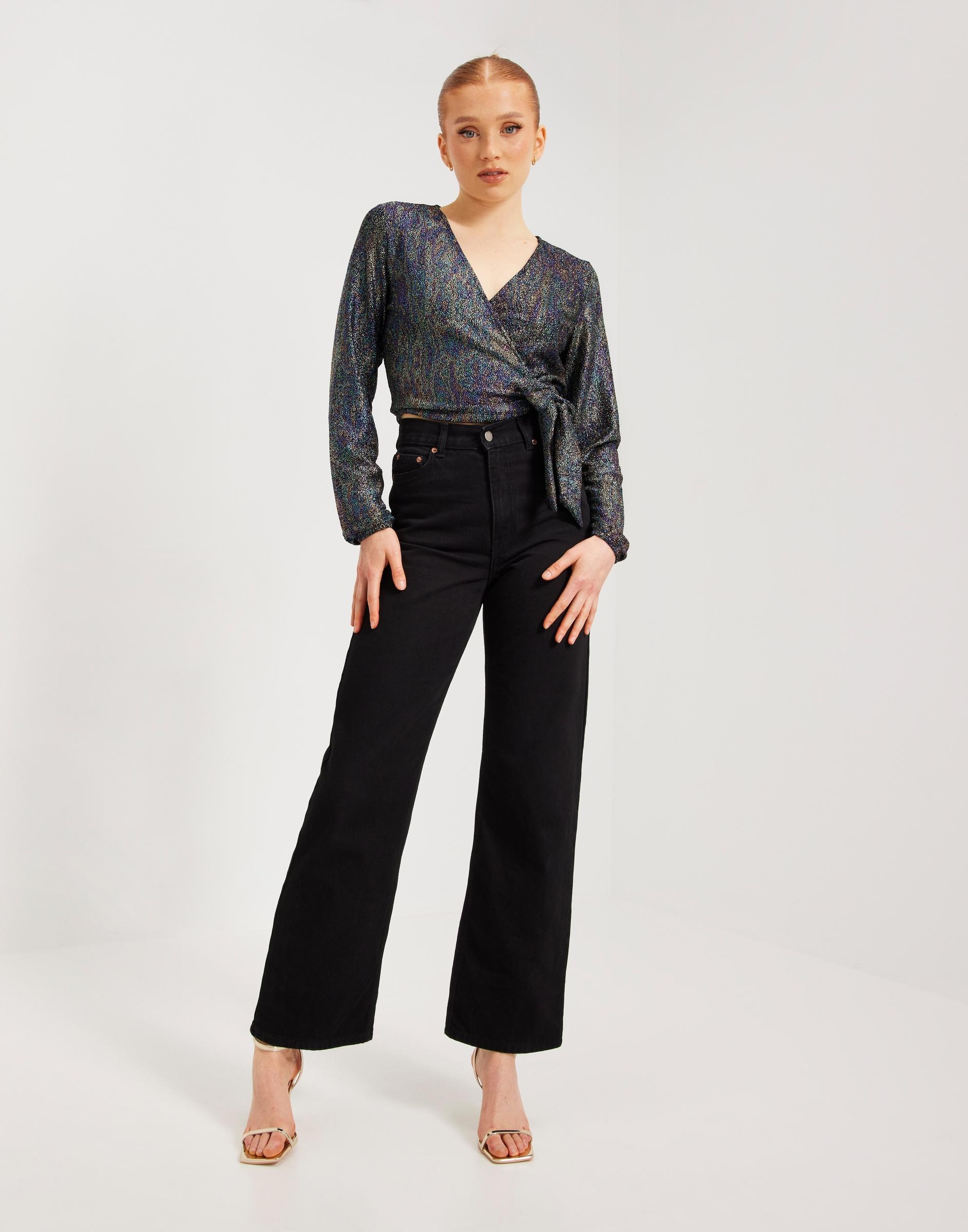 PIECES TOP DŁUGI RĘKAW POŁYSK WIĄZANIE KOPERTOWY DEKOLT D1A NG5__L Rozmiar L