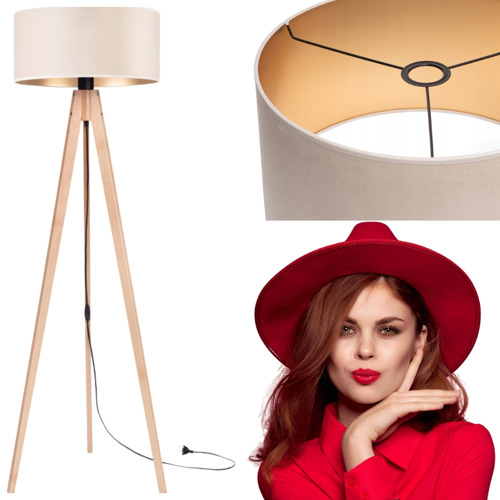 Lampa stojąca podłogowa Trójnóg Drewniany buk Abażur Welur beżowy złoty