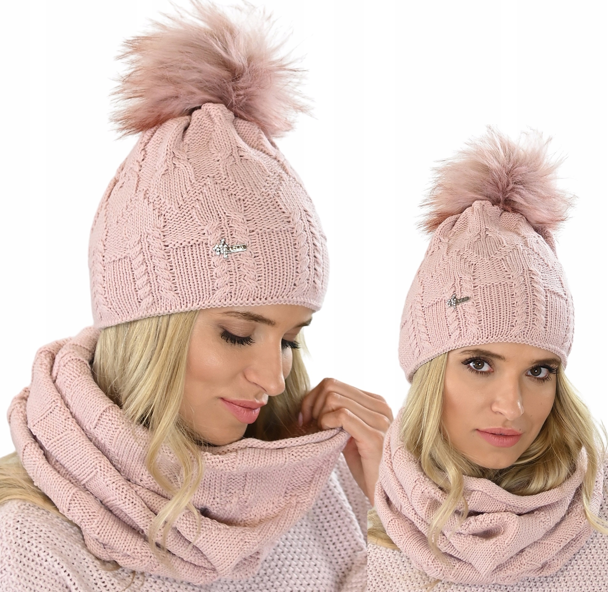 

Czapka komin damski Komplet z pomponem M5