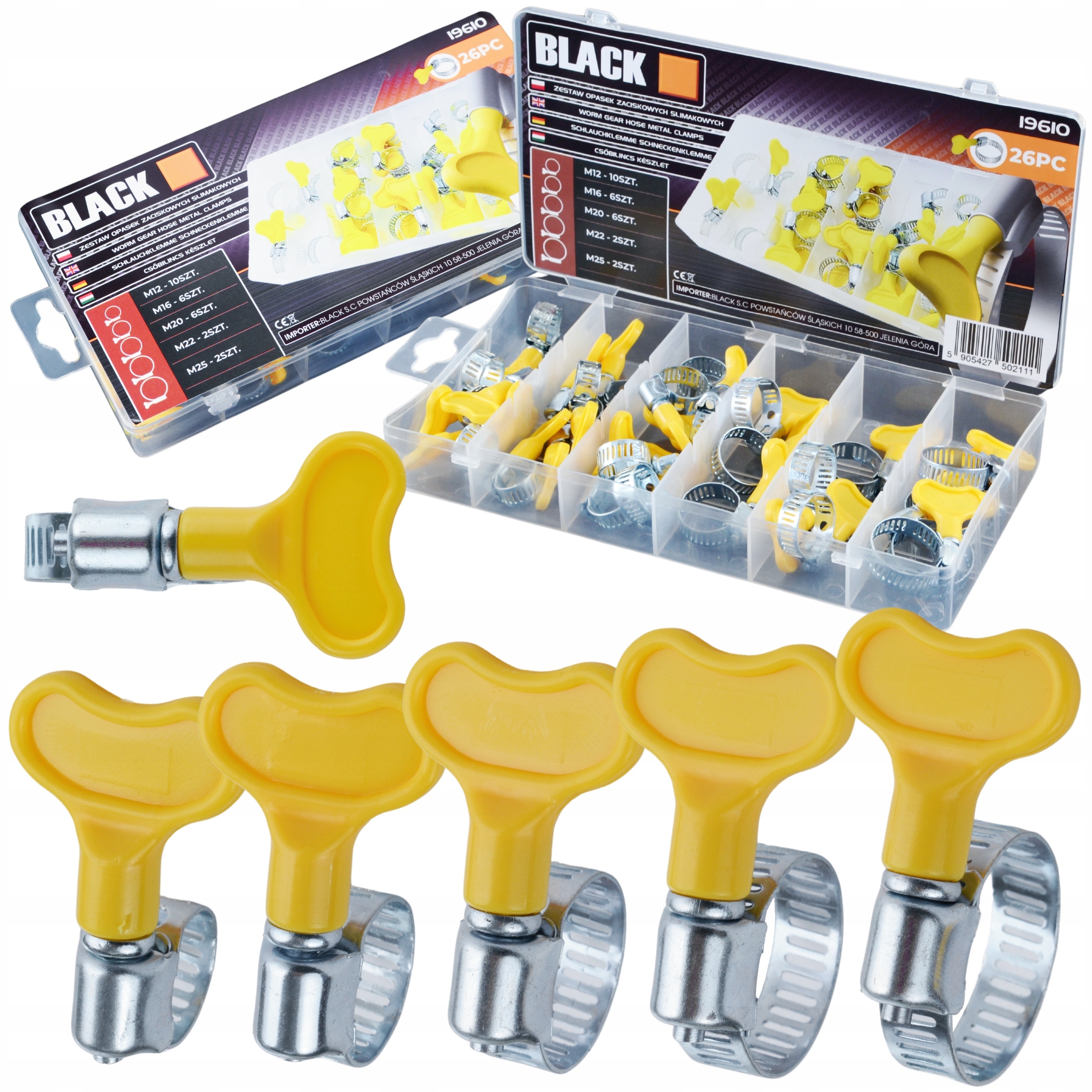 ZESTAW OPASEK ZACISKOWYCH OBEJM CYBANTÓW Z MOTYLKIEM 26 SZTUK M12-M25 5xTYP