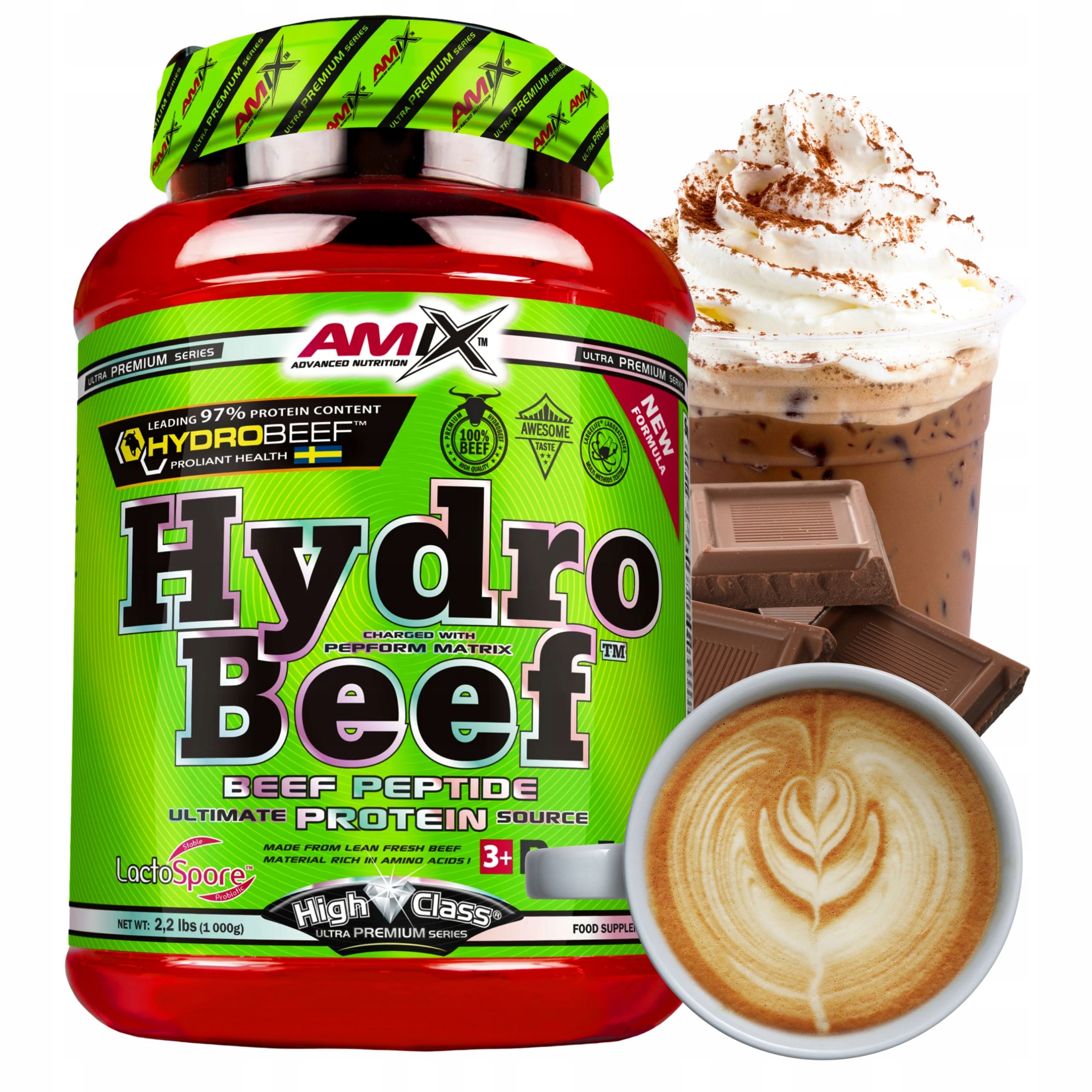 Amix Hydro Beef Protein 1000 g Hovězí protein Hydrolyzát Kolagen Kávový