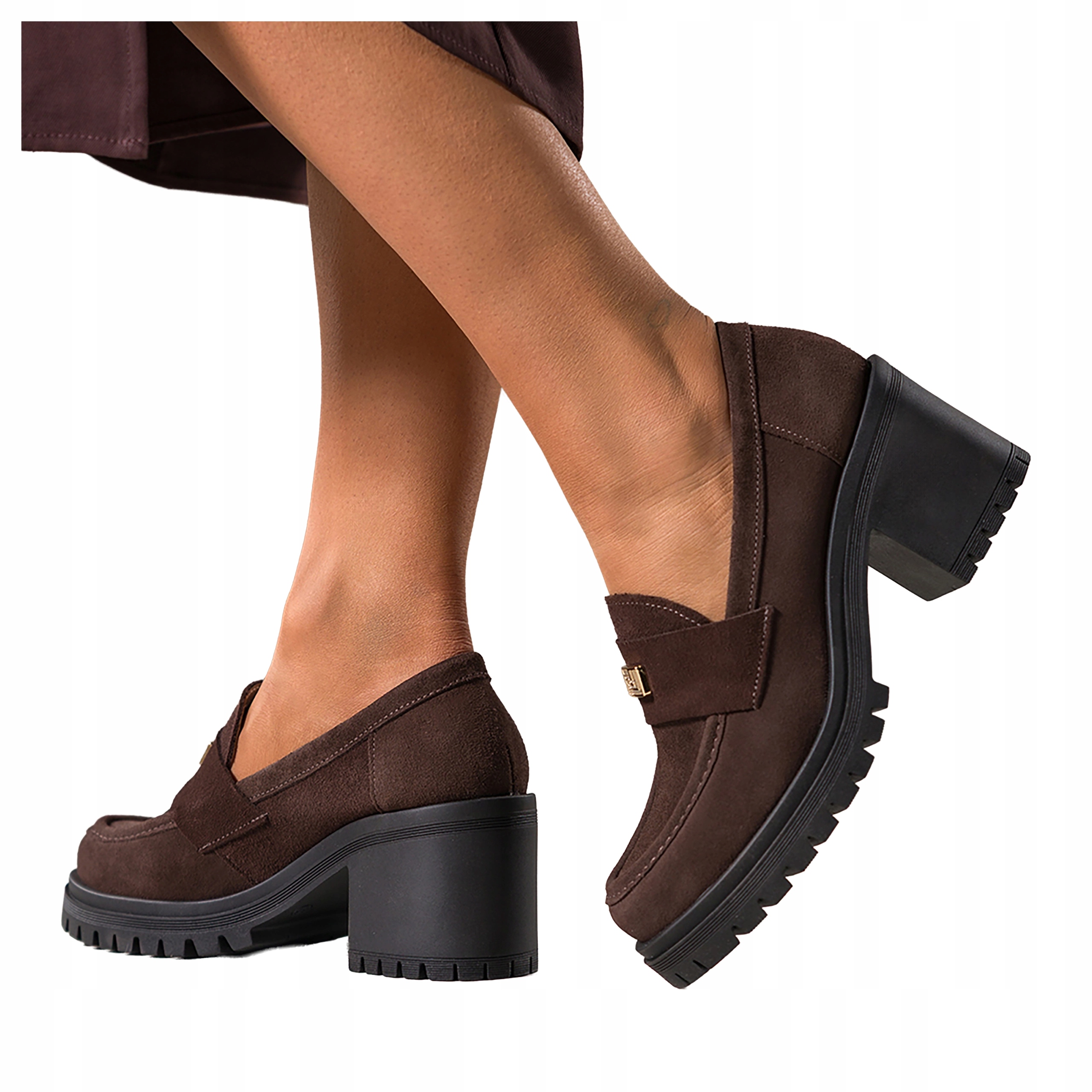 Čokoládové Mokasíny Dámské Platforma Zlatá Polské Kožená ozdoba, velikost 38