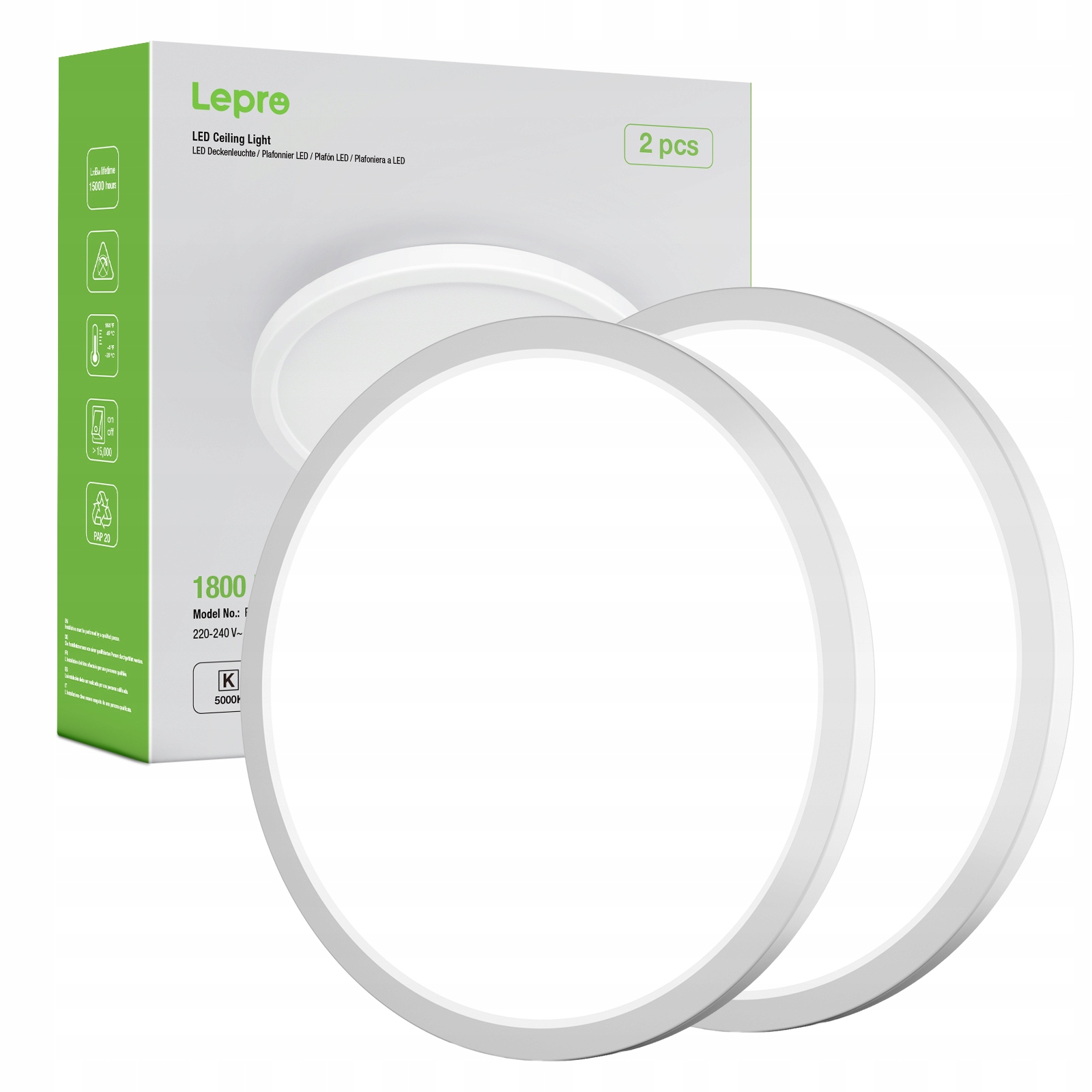 2x Lampa Sufitowa Plafon Led 18W 1800LM Ultrapłaski 22 x 2.6cm Wodoodporny