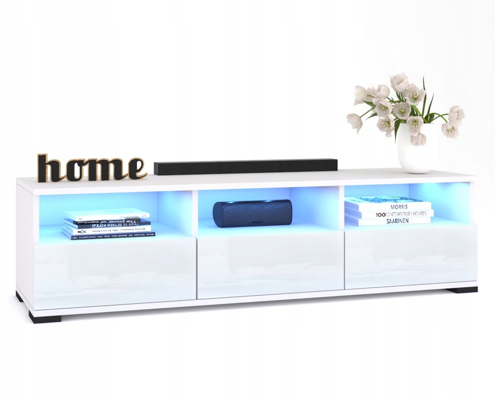 Rtv skříňka Komoda se zásuvkami Police do obývacího pokoje Hania Bílý Lesk 150 Led