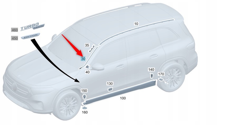 LISTWA SZYBY CZOŁOWEJ MERCEDES GLB EQB PRAWA A2476909204