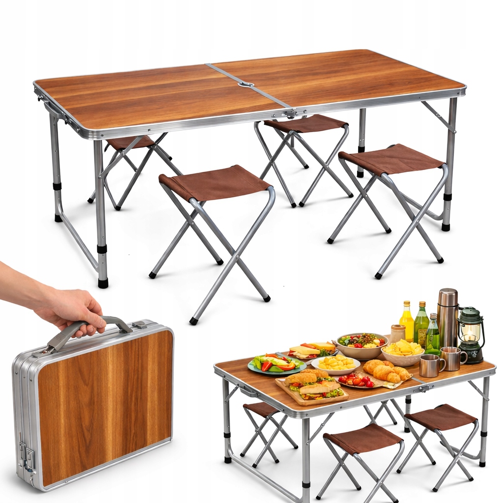 Stůl Turistický skládací kempingový stůl velký 4 židle Kufr sada