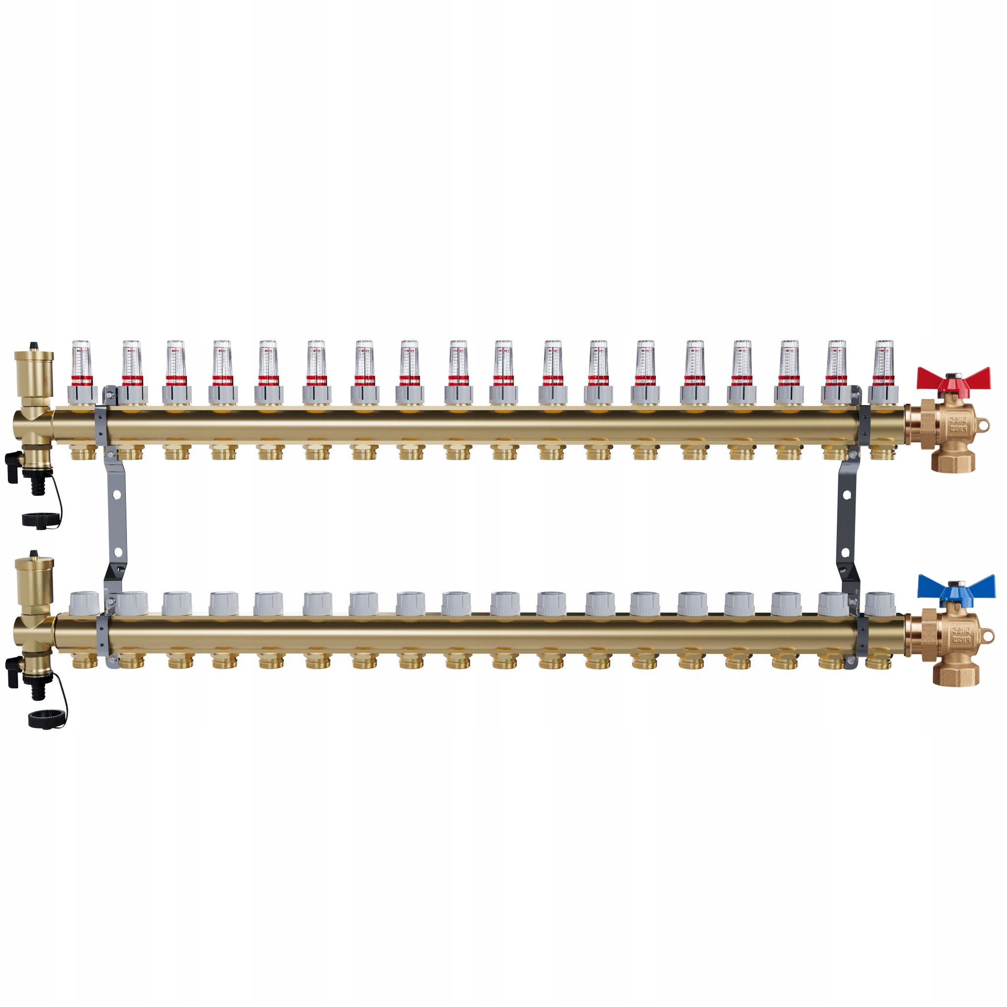 Rozdělovač pro podlahové vytápění – 18 okruhů úhlové kulové ventily