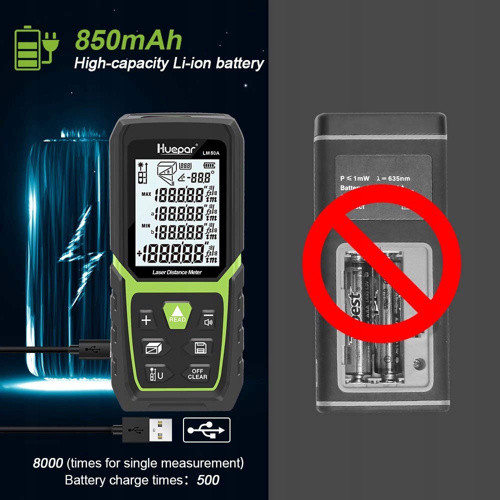 HUEPAR Dalmierz Laserowy 50M Li-Ion LCD Pomiar Odległości Powierzchni — miniatura 3