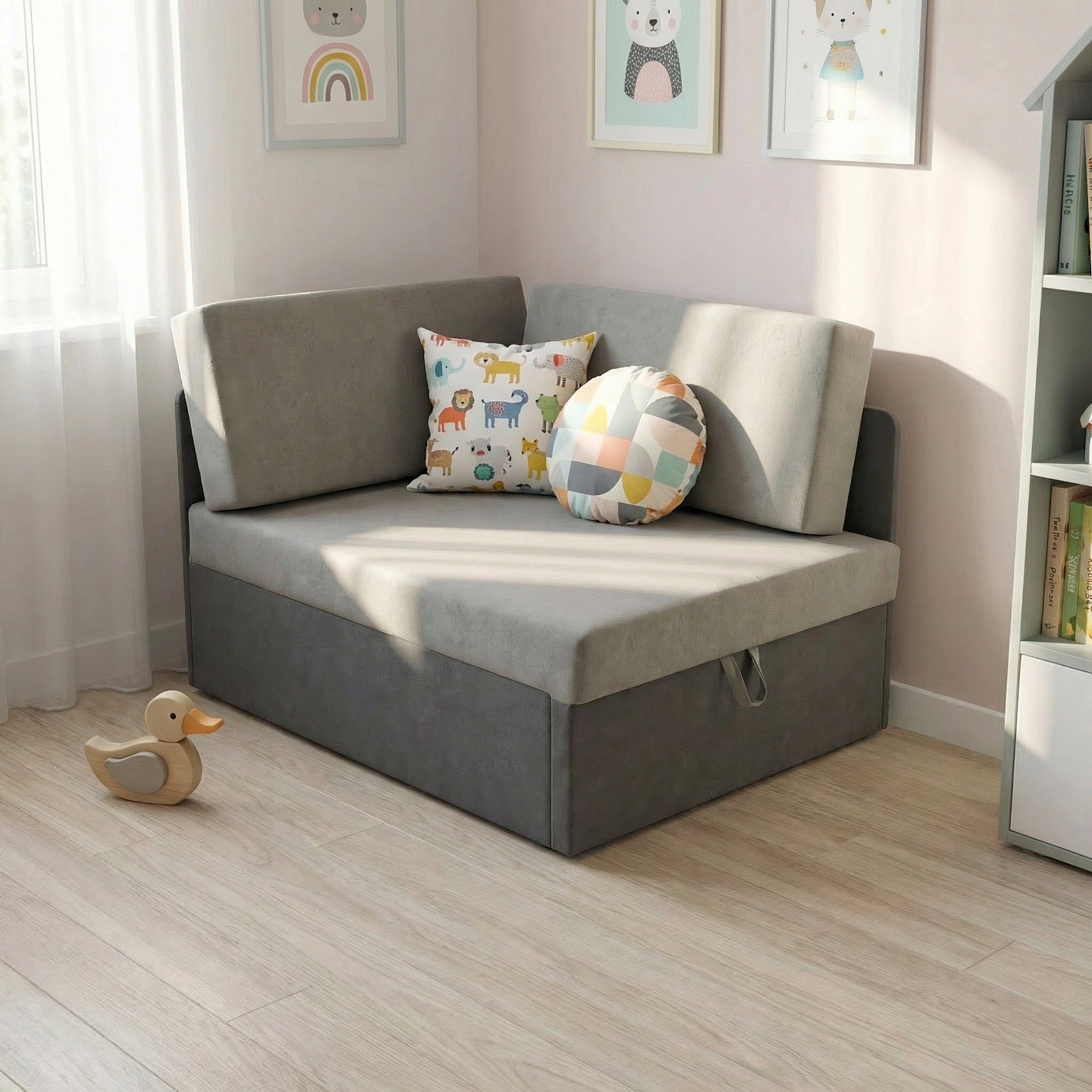Rozkládací rohová pohovka pro děti s funkcí spaní Kubuś grafit/šedá