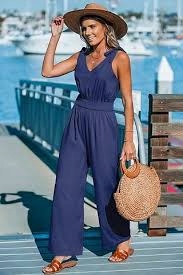 Cupshe Modrý overal bez rukávů se zavazováním a širokými nohavicemi