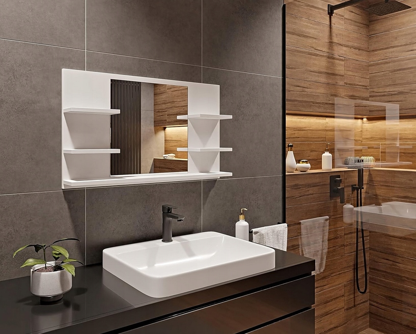 Białe lustro z półkami do łazienki 80/50 LED Grubość szkła 4 mm