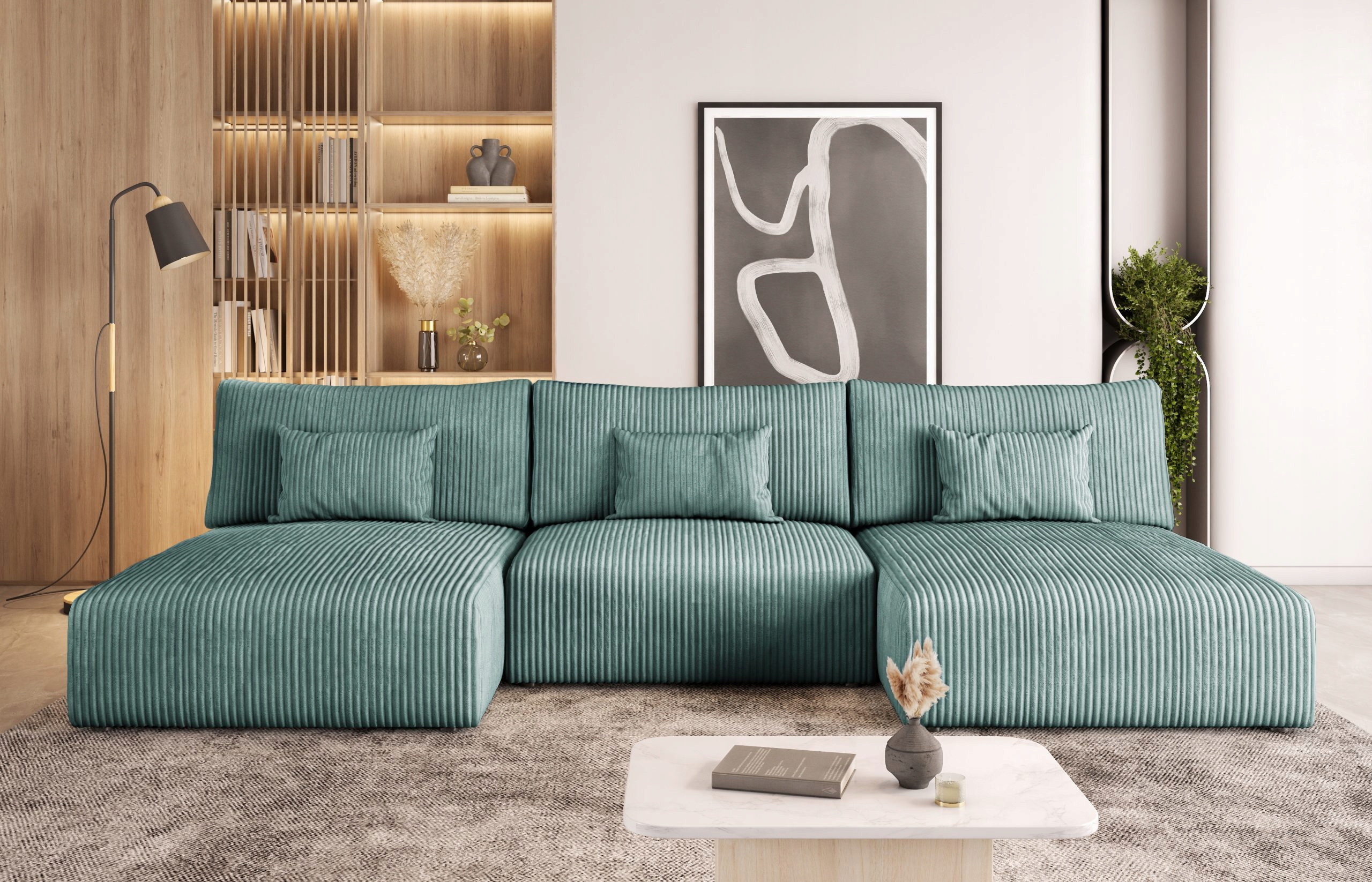 Pohodlný tyrkysový rohová sedací souprava Modulo U v látce typu manšestr