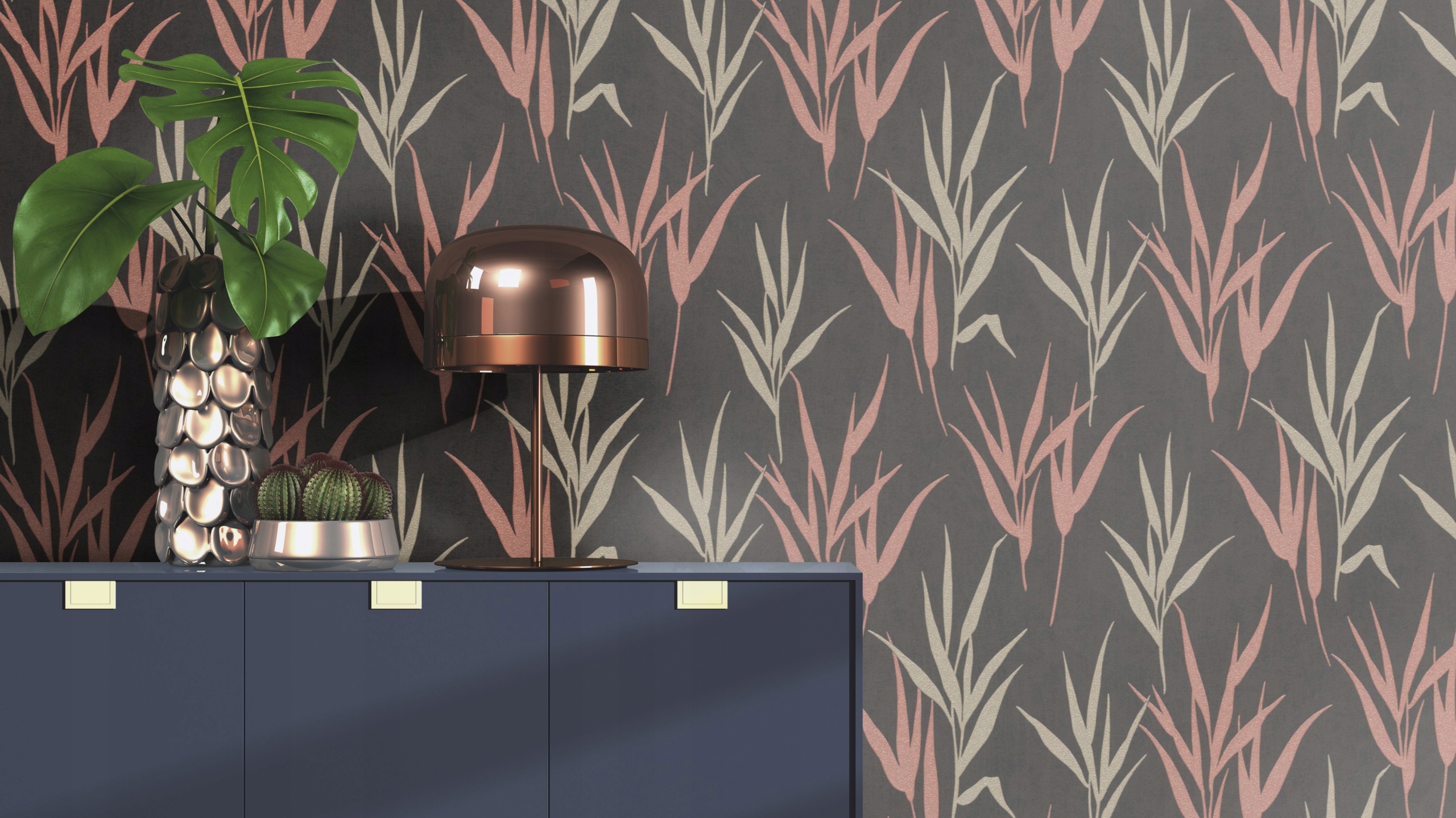 TAPETA LIŚCIE TRAW GLAMOUR CZERŃ OLIWKOWY-RÓŻ GLAM Marka Rasch